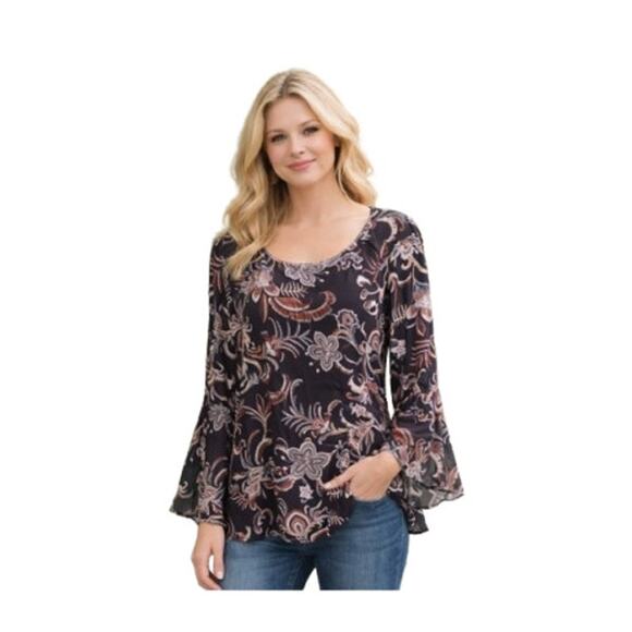 Thomas & Olivia Tops - Thomas & Olivia Black Paisley Floral Bell Sleeve Top Metallic Trim Size 2x NWT